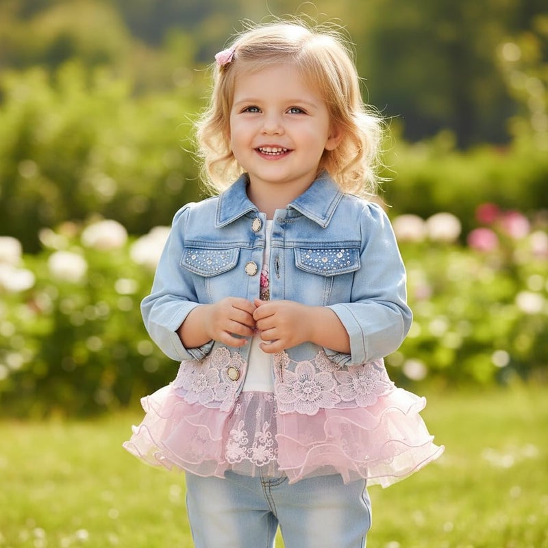 Yao Little Girls Denim Clothing Sets 3 Pieces Sets T Shirt Denim Jacket and Jeans(Pink,4-5Years) - Image 5